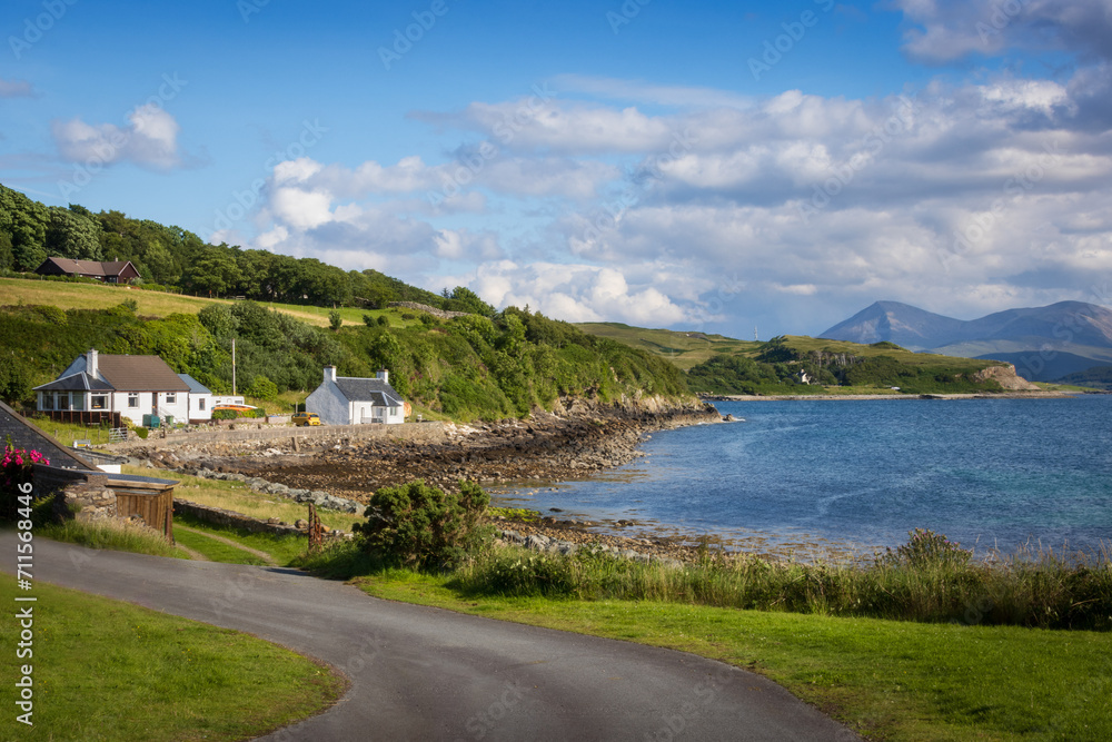 Peaceful Scottish landscape in the Isle of Raasay on a beautiful sunny and blue day, Raasay, Scotland