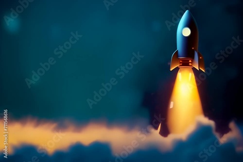 Rocket taking off on dark blue background, startup and business concept. photo