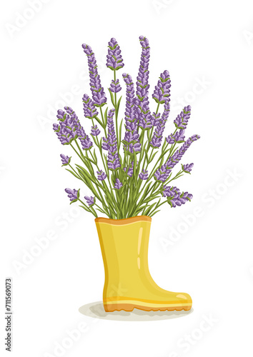 Bouquet of lavender flowers in yellow rain boots. Spring composition for women's day, mother's day, birthday and other holidays. Spring floral design isolated vector illustration.