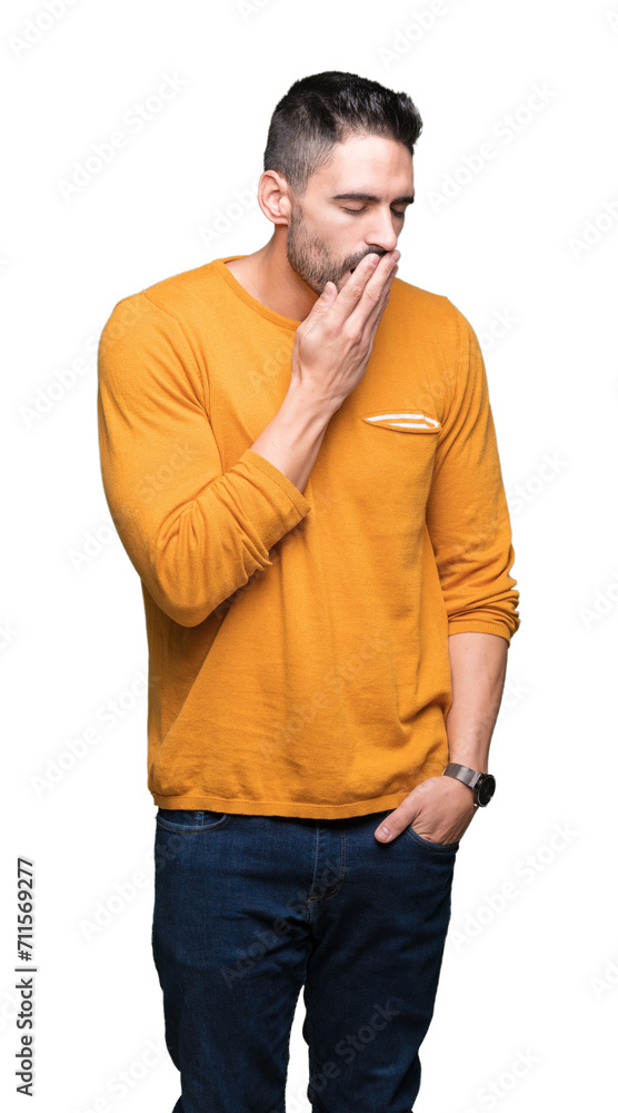 Young handsome man over isolated background bored yawning tired covering mouth with hand. Restless and sleepiness. Young handsome man over isolated background bored yawning tired covering mouth with hand. Restless and sleepiness.
