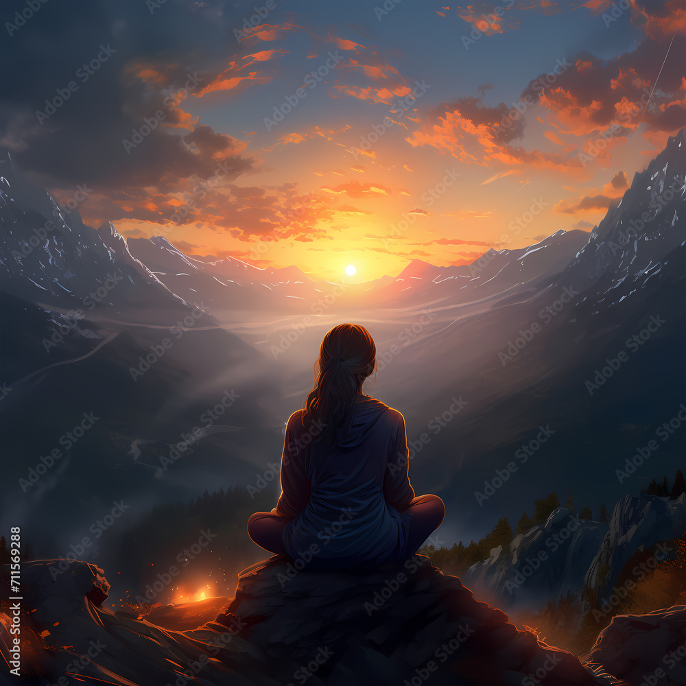 Woman meditating in lotus position on mountain peak during sunrise