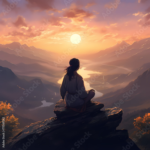 Woman meditating in lotus position on mountain peak during sunrise