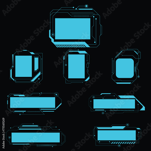 Sci Fi HUD modern futuristic user interface square Frames blocks Set. High tech screen digital hologram window. Sci Fi HUD 現代未来的なユーザー インターフェイスの正方形のフレーム ブロック セット。 ハイテク スクリーン デジタル ホログラム ウィンドウ。