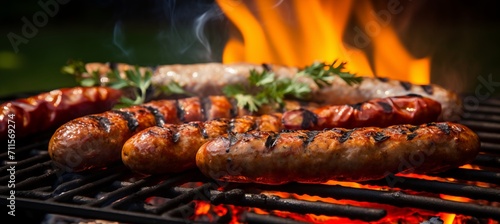 Flaming bbq sausage, merguez, chicken, pork, lamb spicy, traditional, american grilled meat