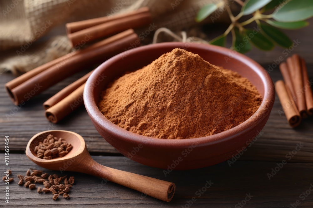 Top view bowl of cinnamon powder and sticks on wooden table Top view bowl of cinnamon powder and sticks on wooden table