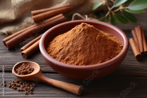 Top view bowl of cinnamon powder and sticks on wooden table