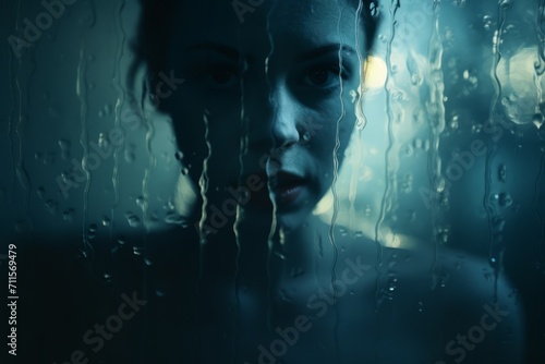 Portrait of a beautiful young woman behind wet glass with raindrops photo