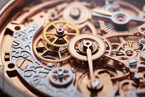 Exquisite close up of handcrafted mechanical watch movement, highlighting intricate gears and jewels