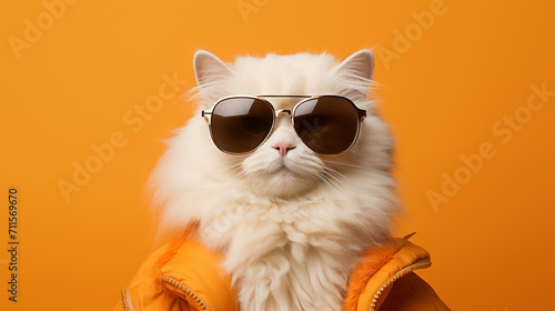 Cool brutal cat with glasses. Fluffy and cute cat on the orange background