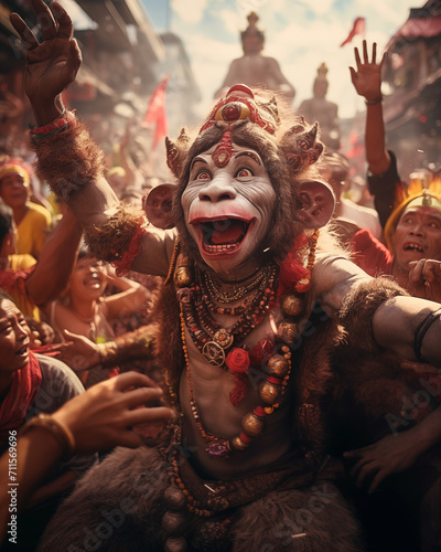 Indonesian Celebrations Lifestyle Nyepi, Hanuman Jayanti. Temple ritual dance at ceremony on religious holiday. Ethnic festivals, arts of Indonesian people photo