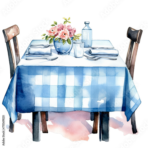 Gedeckter Essenstisch Aquarell Servierung Sommerliche Tafel Esszimmer Möbel Illustration Handgemalt Tischkultur Küchendekor Wandkunst Stilvolles Zuhause Design photo