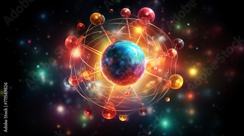 Illustration of electrons orbiting a fixed, positively charged nucleus in predictable paths photo