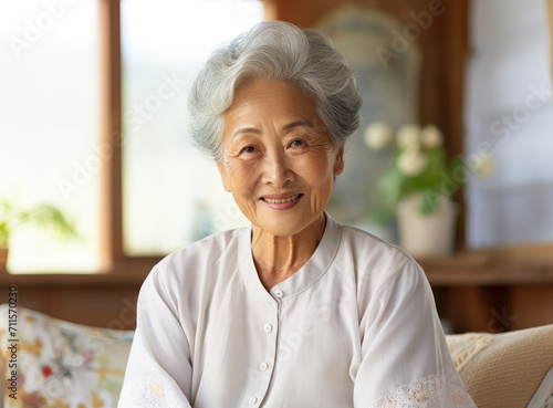 An elderly woman with a gentle expression sitting and resting