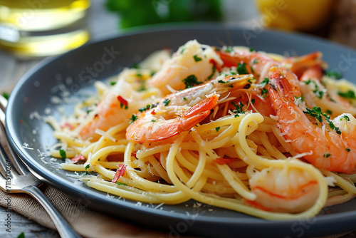 Pasta spaghetti with grilled shrimps bechamel sauce