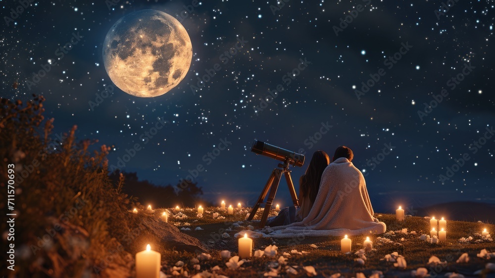 young couple looking out to romantic night sky in valentines day pragma - obrazy, fototapety, plakaty 