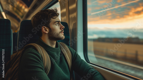 Handsome man traveling by train, 30 year old Caucasian man looking at train window at sunset, solo railroad trip in Europe, French countyside and beautiful skies, travel photo portrait photo