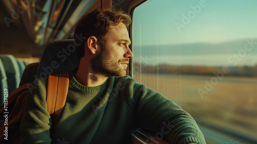 Handsome man traveling by train in Europe, 40 year old Caucasian man looking at train window at sunset, solo railroad trip, French countyside and beautiful skies, travel photo portrait photo