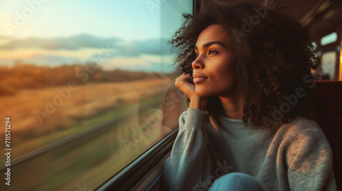 Young African American woman traveling by train in Europe, sitting near train window, looking at French countryside, solo vacation, miditative atmosphere, railroad trip