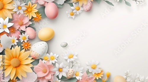easter eggs and flowers with copy space 