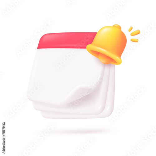 3D calendar with golden bells reminding of meeting appointments. 3D Vector Illustration.