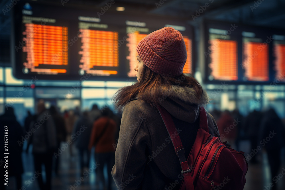 woman checking departure board in airport 