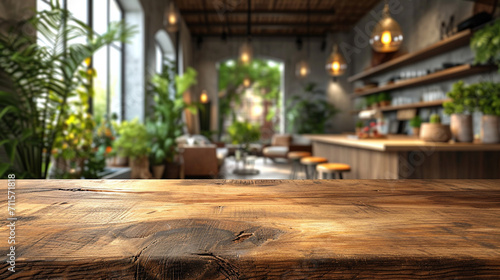 Wooden table with blurred modern kitchen.