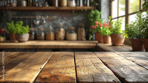 Wooden table with blurred modern kitchen.