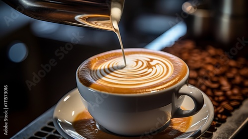 Skilled barista expertly crafting a delicious cup of cappuccino with artistic foam design