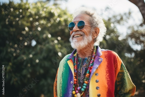 Portrait of a senior asian man with sunglasses and colorful clothes