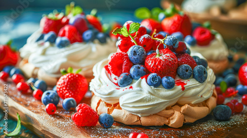 AI illustration of pavlova, a classic Australian dessert, topped with whipped cream and fresh fruit.