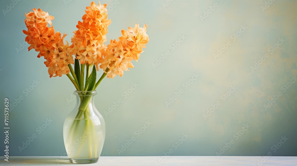 Blooming orange hyacinths in a vase standing on the side. Empty background in a vintage, charming style. Generative AI Blooming orange hyacinths in a vase standing on the side. Empty background in a vintage, charming style. Generative AI