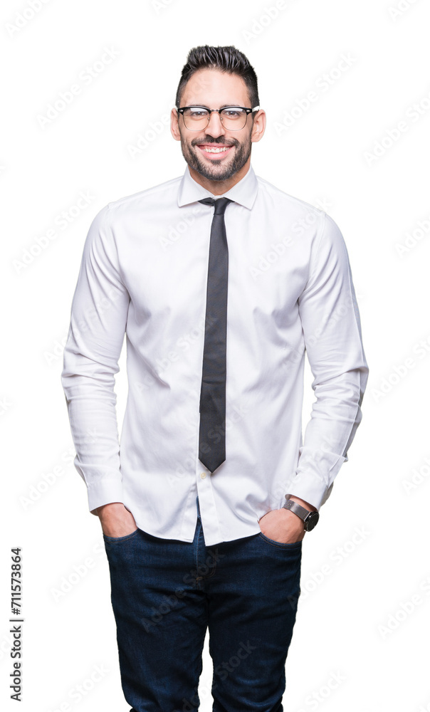 Young handsome business man wearing glasses over isolated background with a happy and cool smile on face. Lucky person. Young handsome business man wearing glasses over isolated background with a happy and cool smile on face. Lucky person.