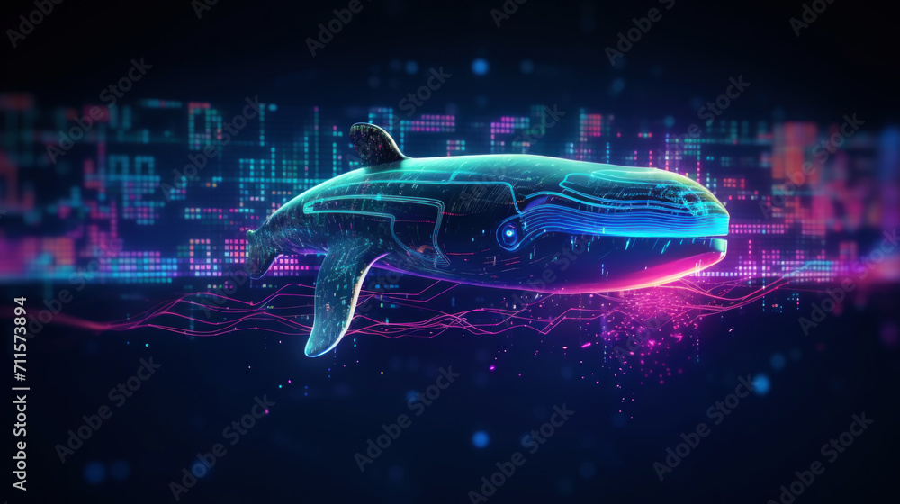 Big data visualization. Flight of a digital whale in neon colors. Information aesthetic design. Generative AI Big data visualization. Flight of a digital whale in neon colors. Information aesthetic design. Generative AI