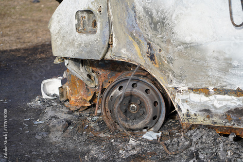 burnt car. detail with what was left of a car after the fire. © samy