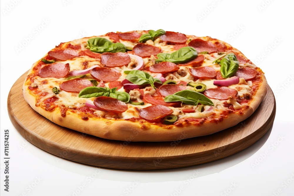 Tasty pepperoni pizza with melted cheese and crispy crust isolated on white background