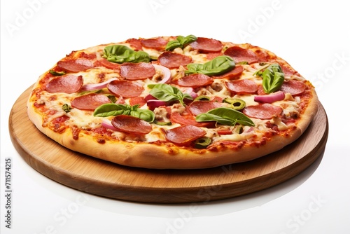 Tasty pepperoni pizza with melted cheese and crispy crust isolated on white background