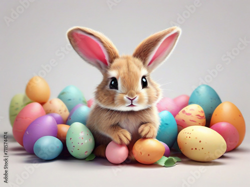 Cute fluffy Easter Bunny with many colorful easter egg  © triocean