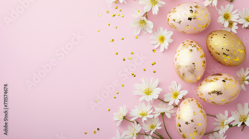 Easter golden eggs on pastel pink background. Holiday concept. Happy Easter card with copy space.Wallpaper  flyers  invitation  posters  brochure  banners.