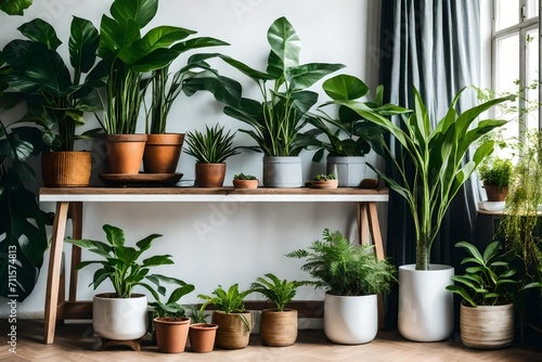 Different organic indoor plants in living room with decorations on the table. Composition of home garden green industrial interior. Urban jungle interior with houseplants. green concept for magazine. 