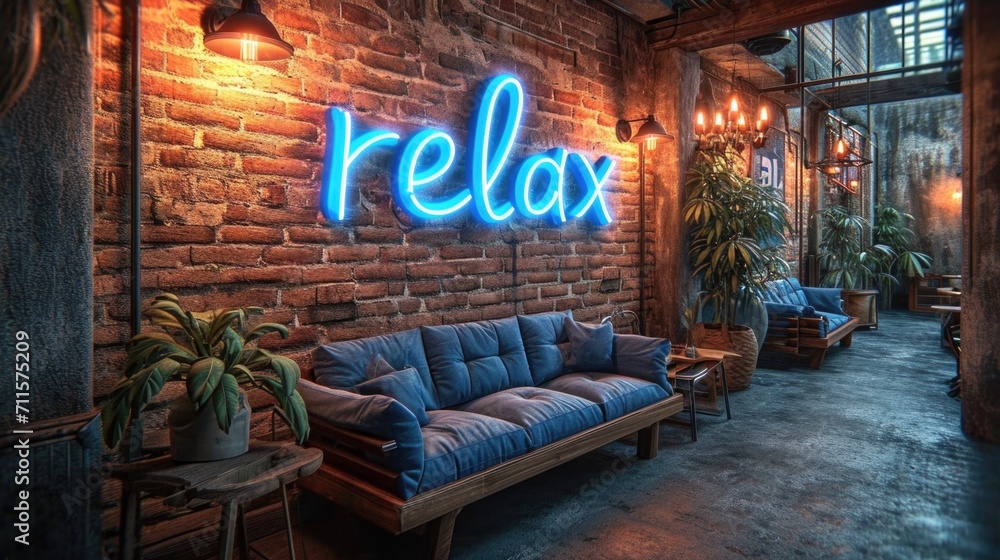A room with a couch and a blue neon sign relax