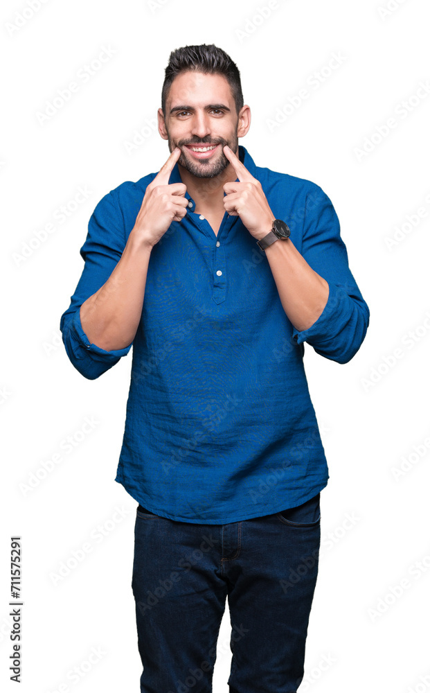 Young handsome man over isolated background Smiling with open mouth, fingers pointing and forcing cheerful smile Young handsome man over isolated background Smiling with open mouth, fingers pointing and forcing cheerful smile