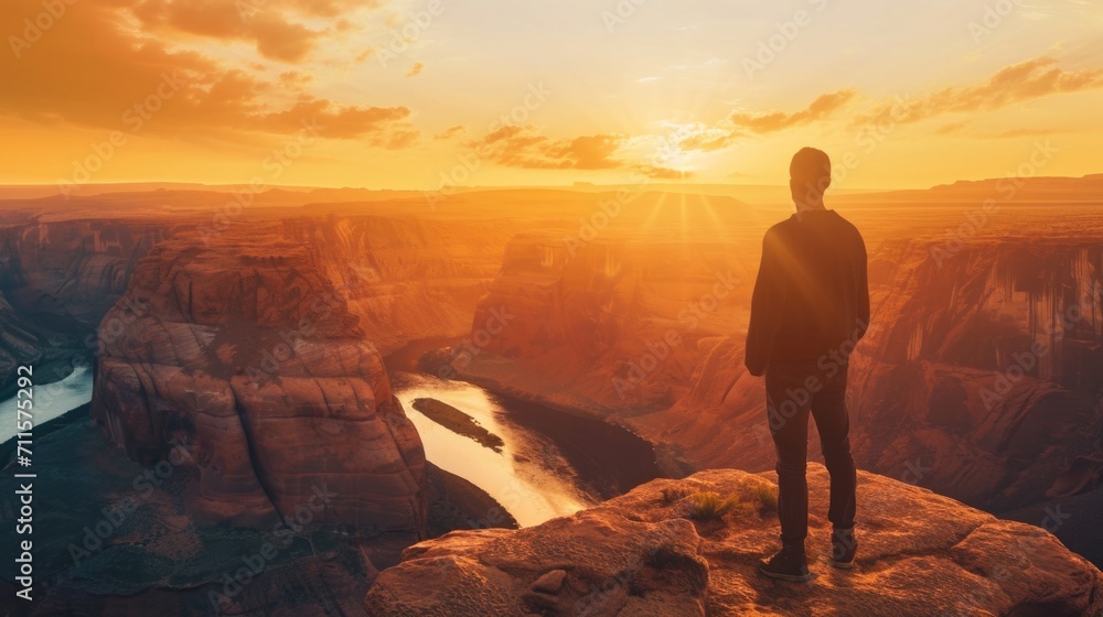Fototapeta premium Man looking into a vast canyon with his back turned generative ai