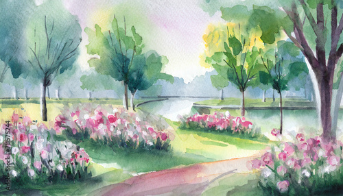 Wallpaper Mural Watercolor Art Painting: Blooming Flowers in Park Gently at Morning Torontodigital.ca