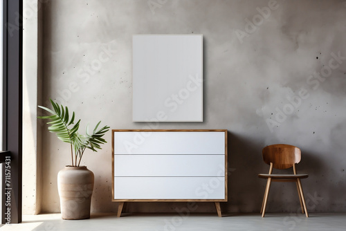 a white chest of drawers against a concrete wall with an empty frame for a poster layout and a place to copy. Modern design of the living room in boho style. The comfort of home