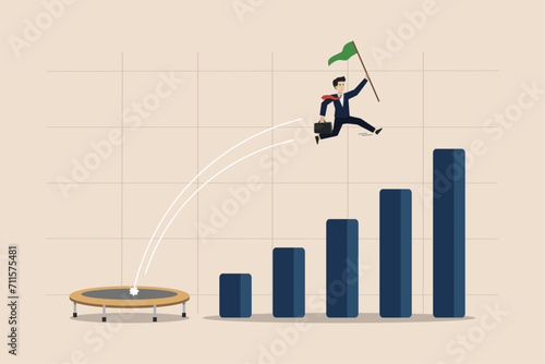 Competitive advantage or innovation business winning, smart way to win business or career growth concept, businessman jumping trampoline up business growth graph.