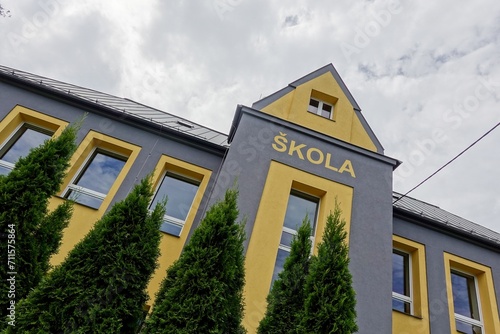 Building of school (Skola in Czech) in perspective view