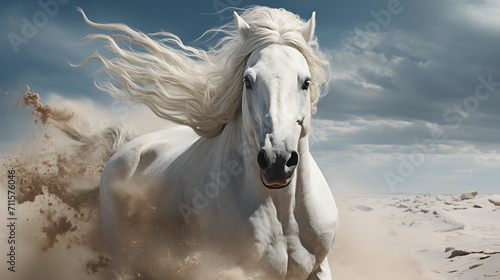 A white horse is running across the desert.
