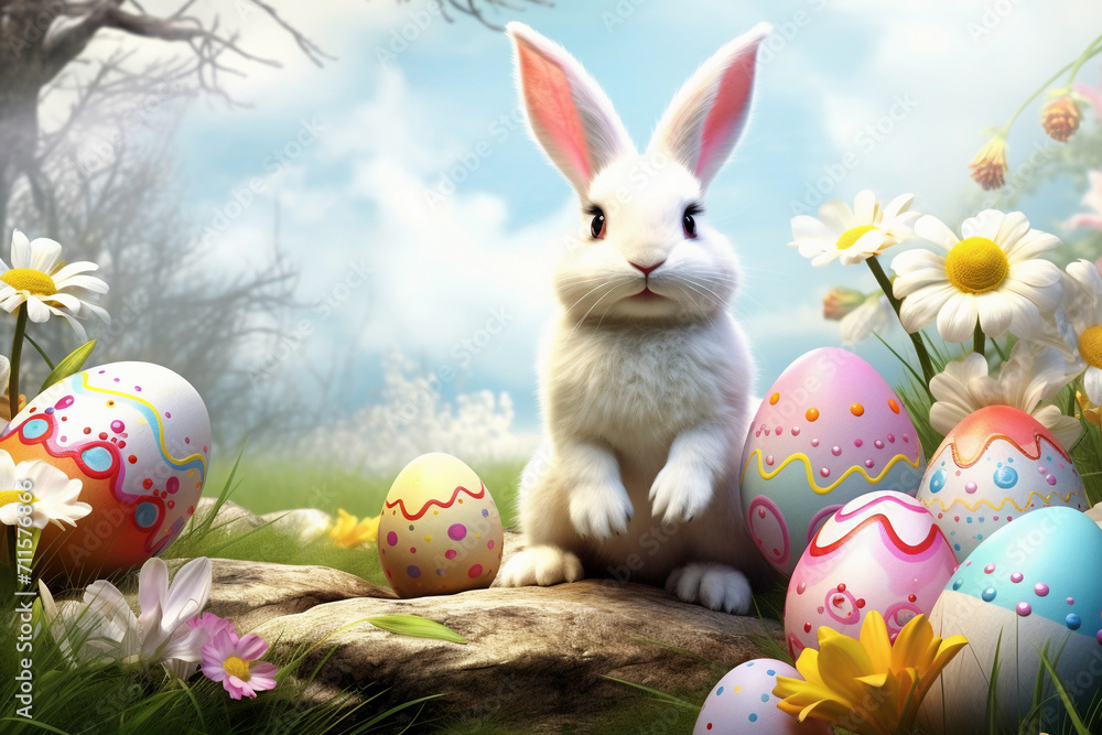 easter bunny and eggs Cute little bunny and easter eggs in the meadow, Rabbit and easter egg easter bunny and eggs Cute little bunny and easter eggs in the meadow, Rabbit and easter egg
