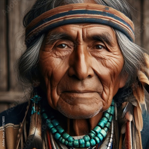 Portrait of an Apache Indian with feather headdress photo