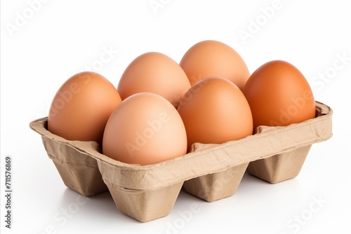 Close up of a wooden box filled with fresh, organic eggs, isolated on a clean white background © Ilja